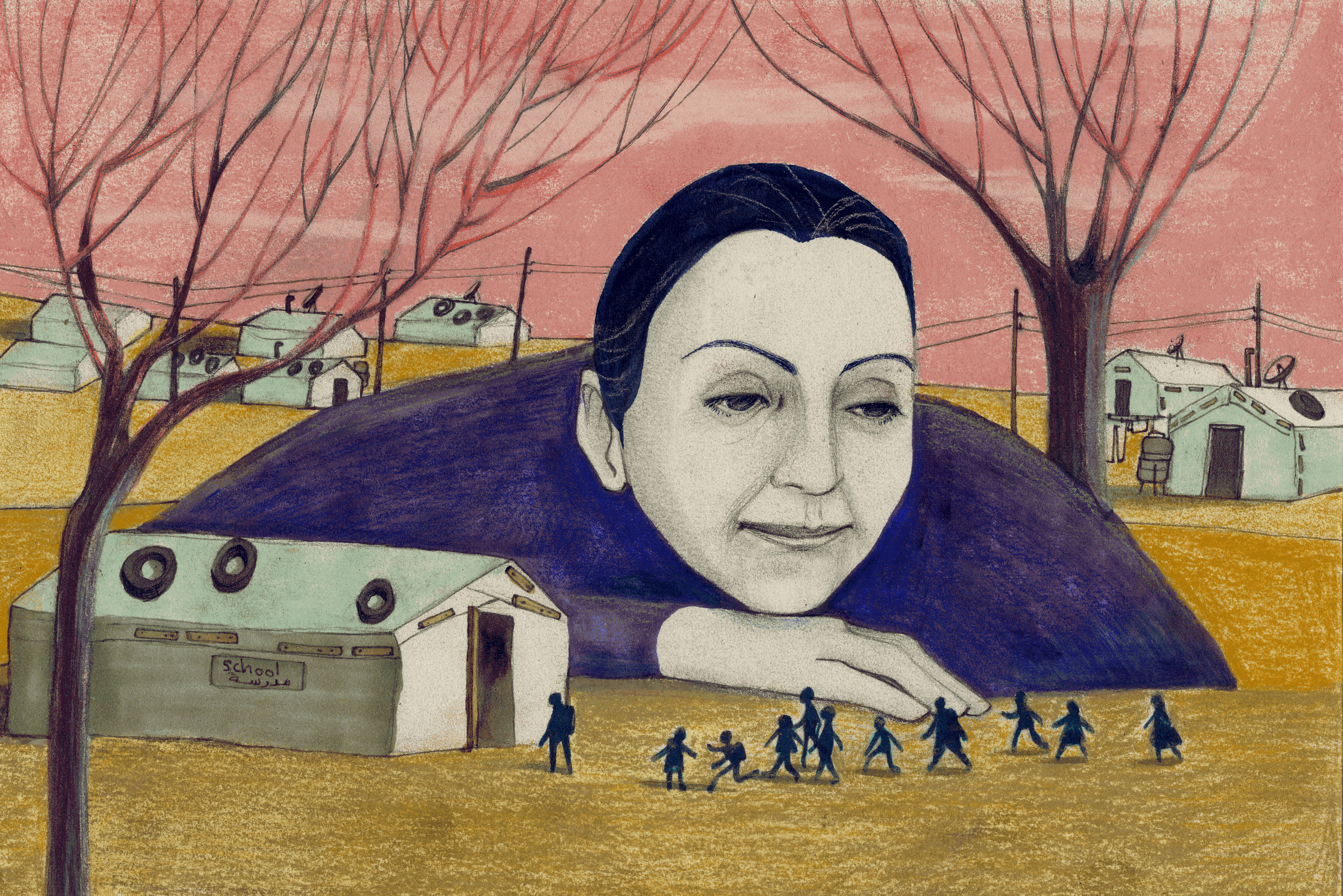 Illustration: Ola with children in camp scene